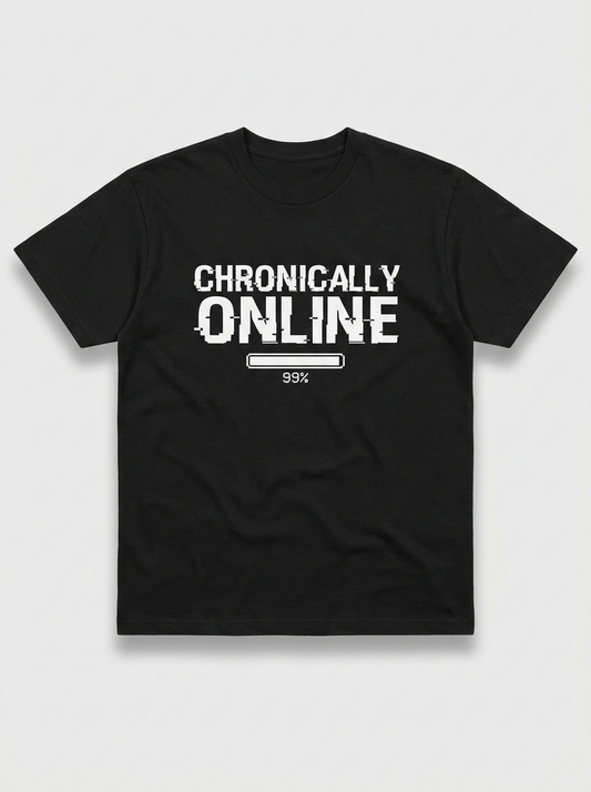 Chronically Online Tee - black t-shirt with white glitch print
