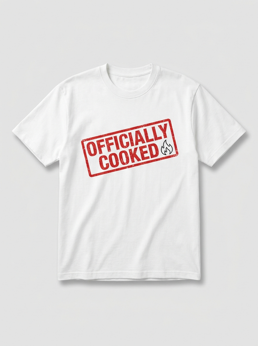 Officially Cooked Tee - white t-shirt with red stamp print