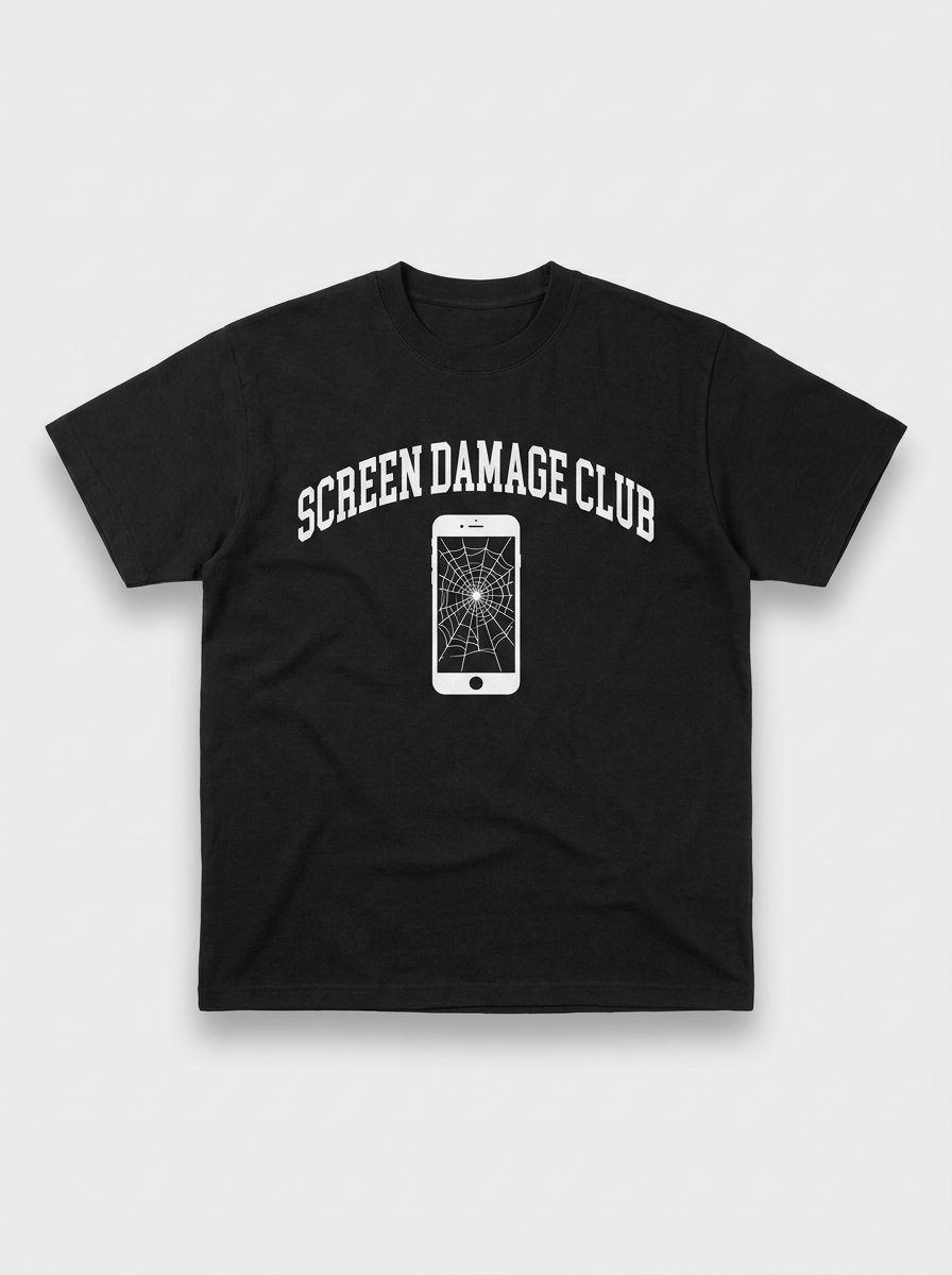 Screen Damage Club Tee - black t-shirt with varsity print