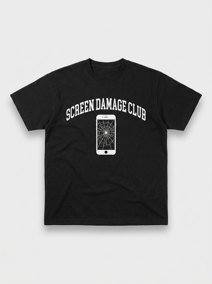 Screen Damage Club Tee - black t-shirt with varsity print