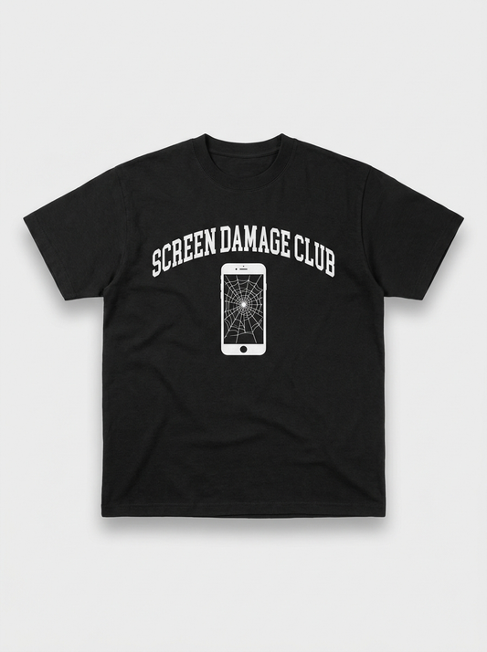 Screen Damage Club Tee - black t-shirt with varsity print