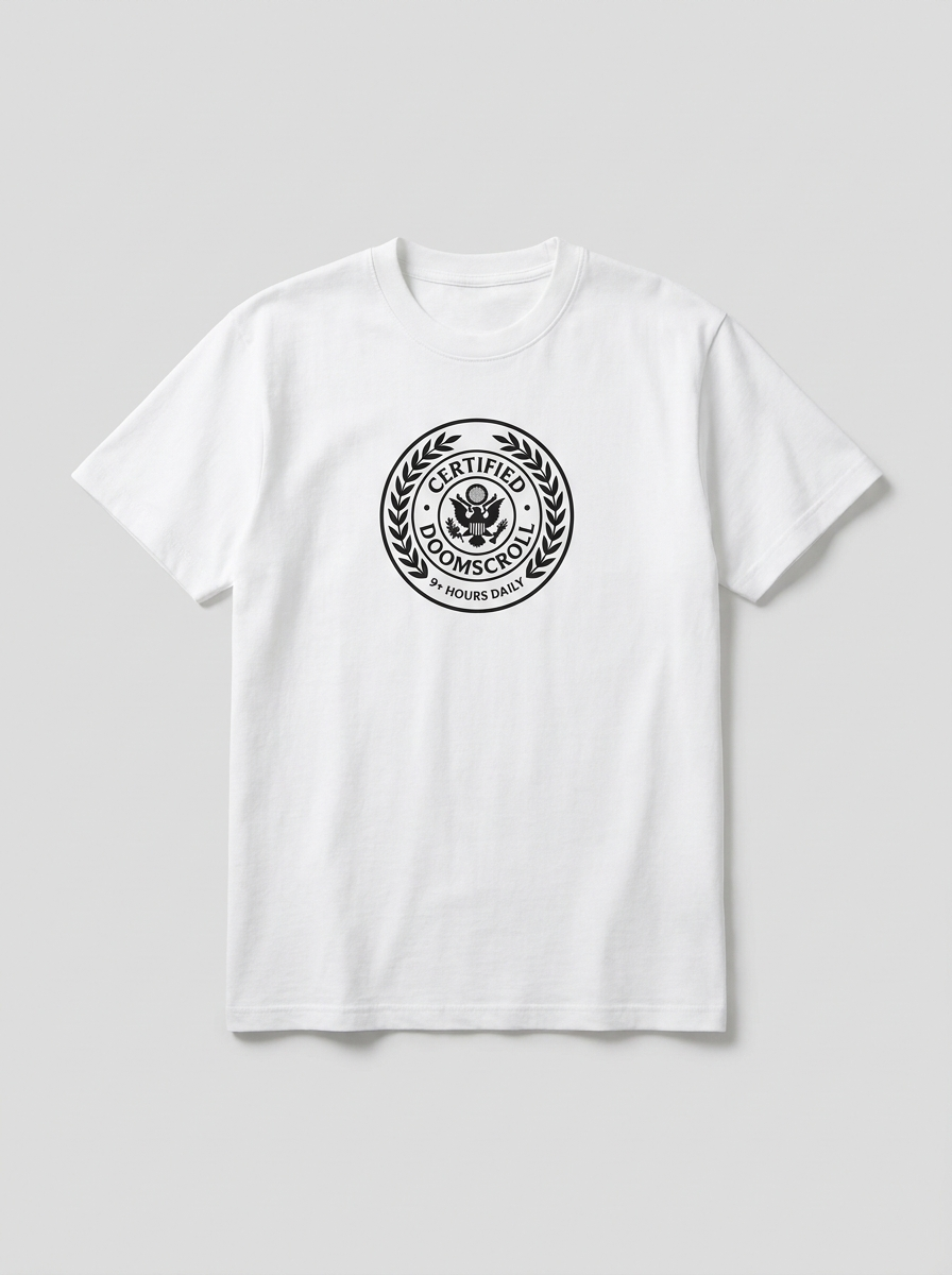 Certified Doomscroll Tee - white t-shirt with certificate seal print
