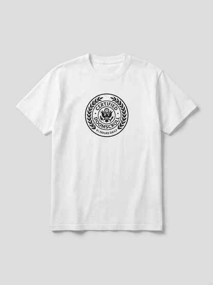 Certified Doomscroll Tee - white t-shirt with certificate seal print