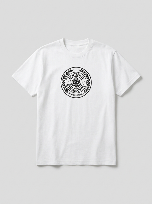 Certified Doomscroll Tee - white t-shirt with certificate seal print